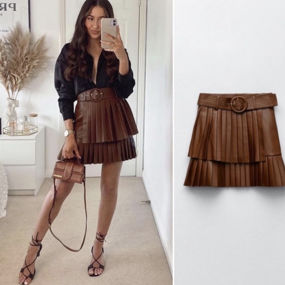ZARA | NWT | Brown Faux Leather Pleaded Skirt | Size S | Belt | Layered Skirt - Picture 1 of 7